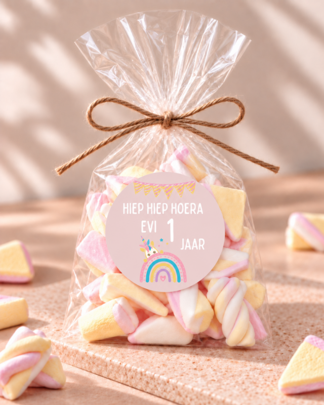 Gepersonaliseerde sticker roze regenboog | vel 24 stuks
