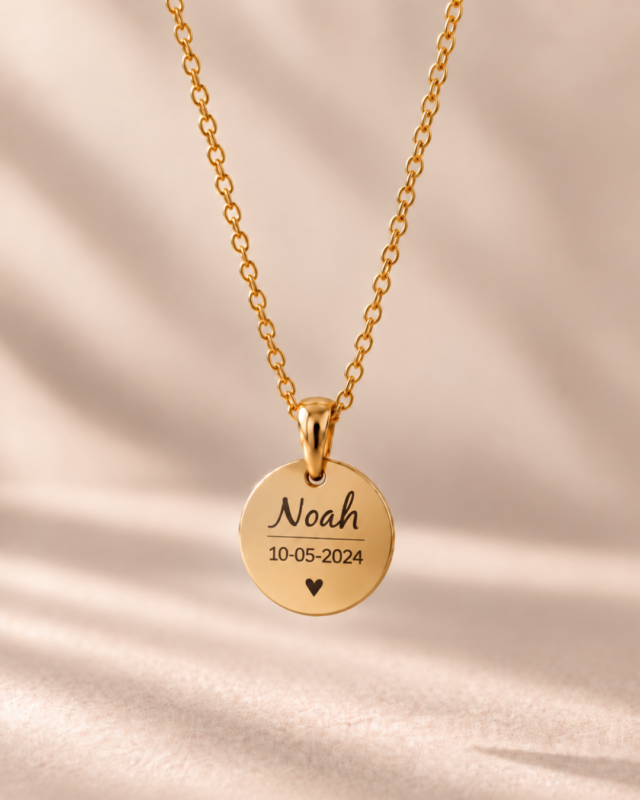 RVS gepersonaliseerde ketting | 20 mm bedel met naam en data